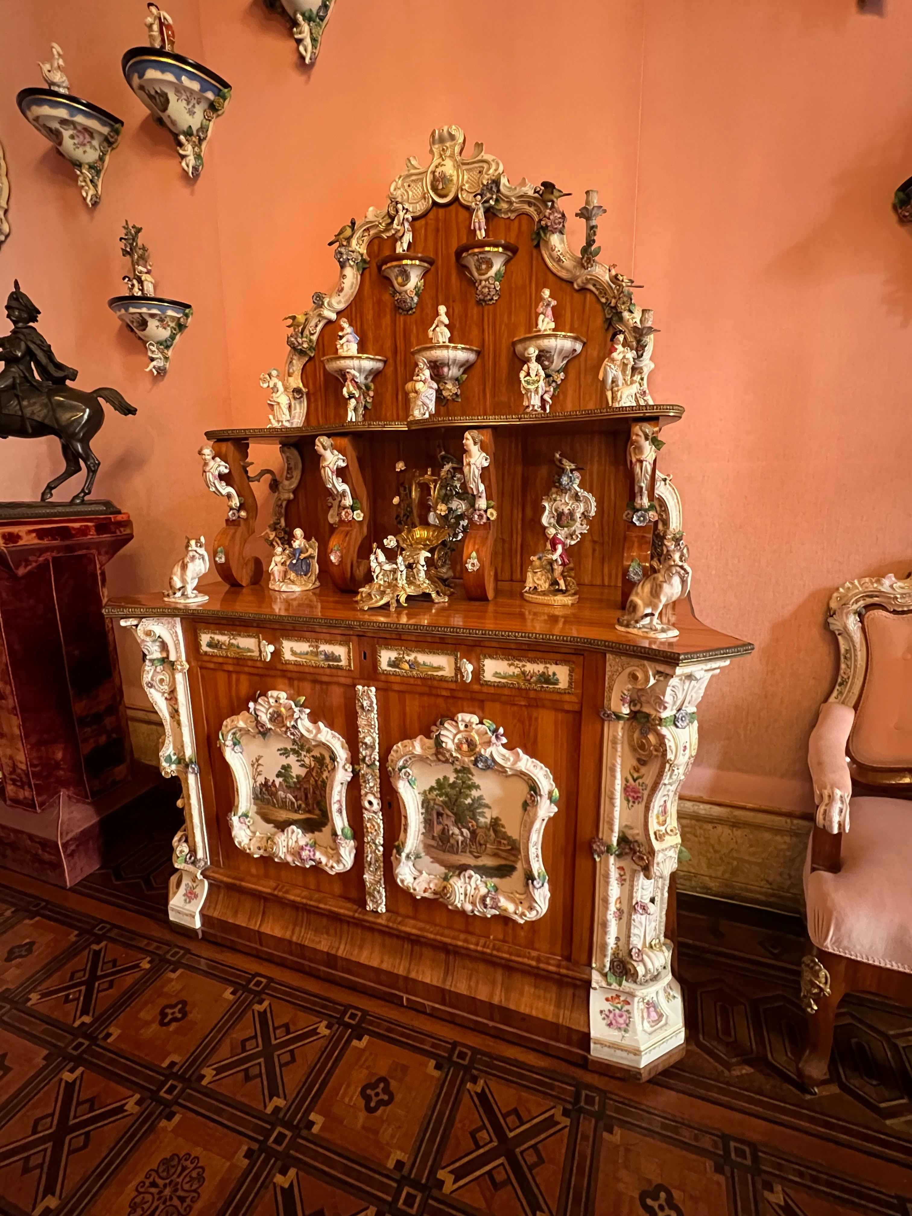 Baroque Rococo period display cabinet porcelain figural ornaments gilded carved wood