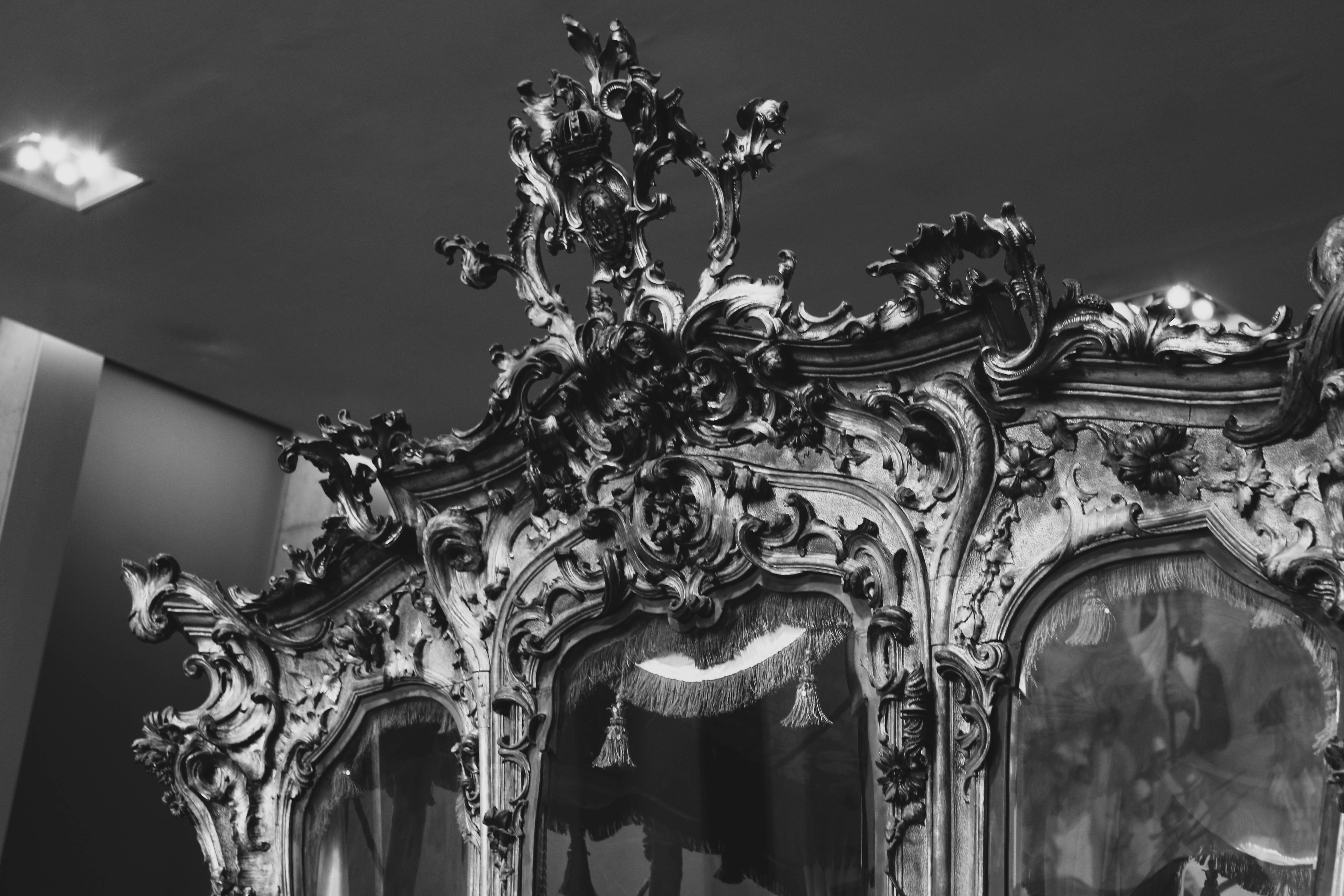 Baroque carved cabinet rococo scrollwork floral ornamental detail black and white