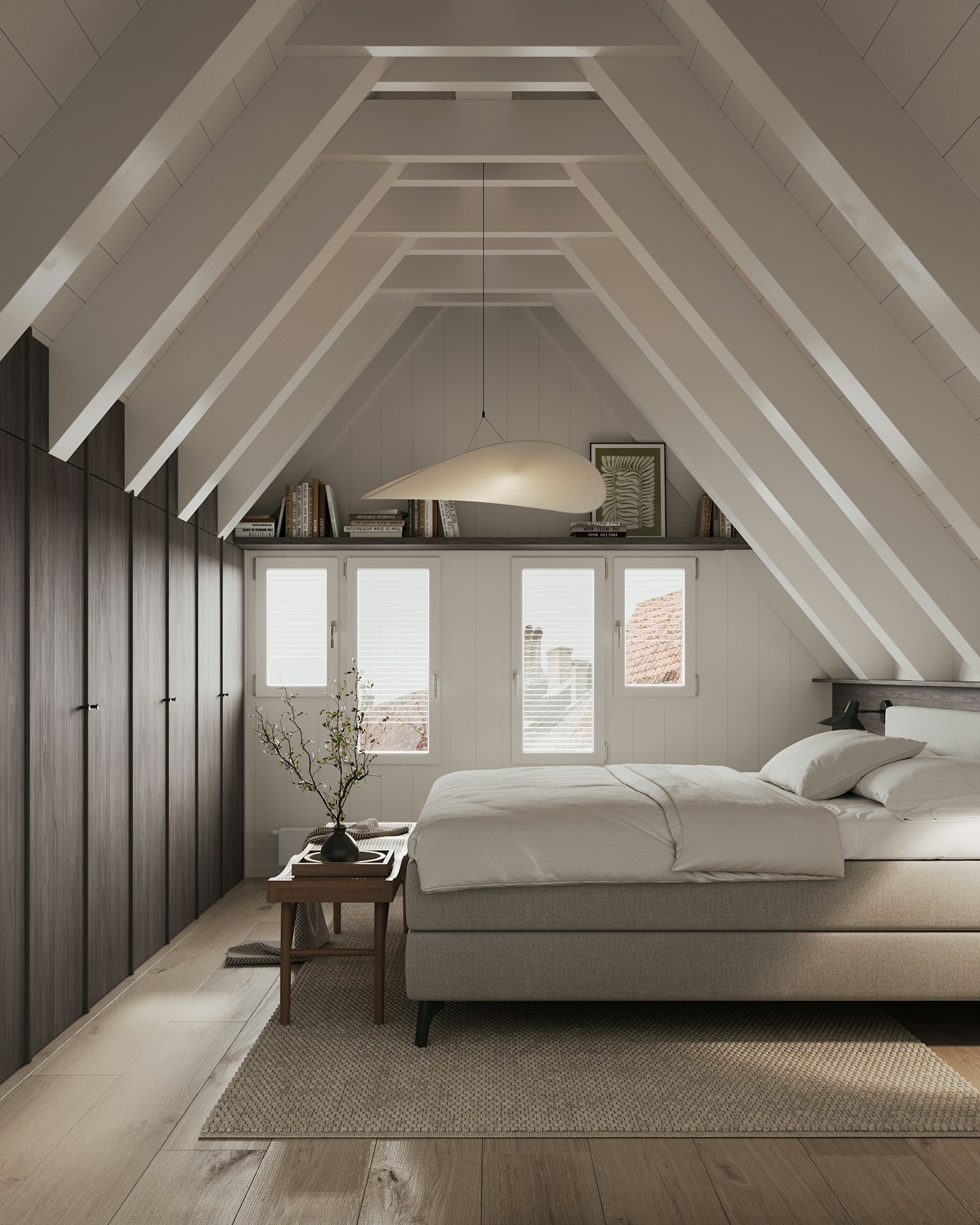 Custom bed in a luxury attic bedroom with vaulted beams and natural character