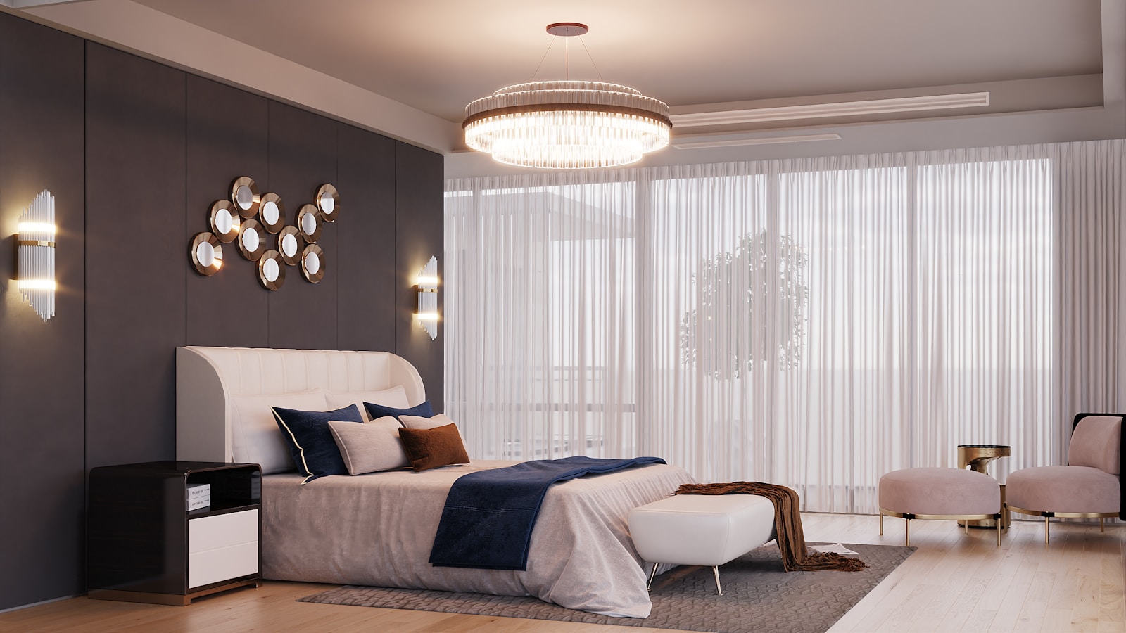 Custom statement bed frame with tufted headboard and luxury bedroom styling