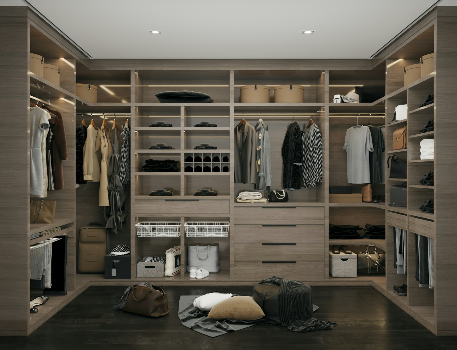 Luxury closet system with wood cabinetry and organized clothing storage display