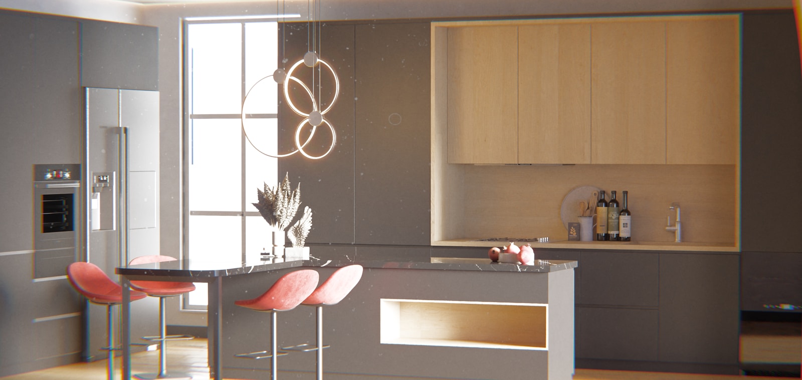 Contemporary two-tone kitchen with dark and light cabinet combination and gold accents