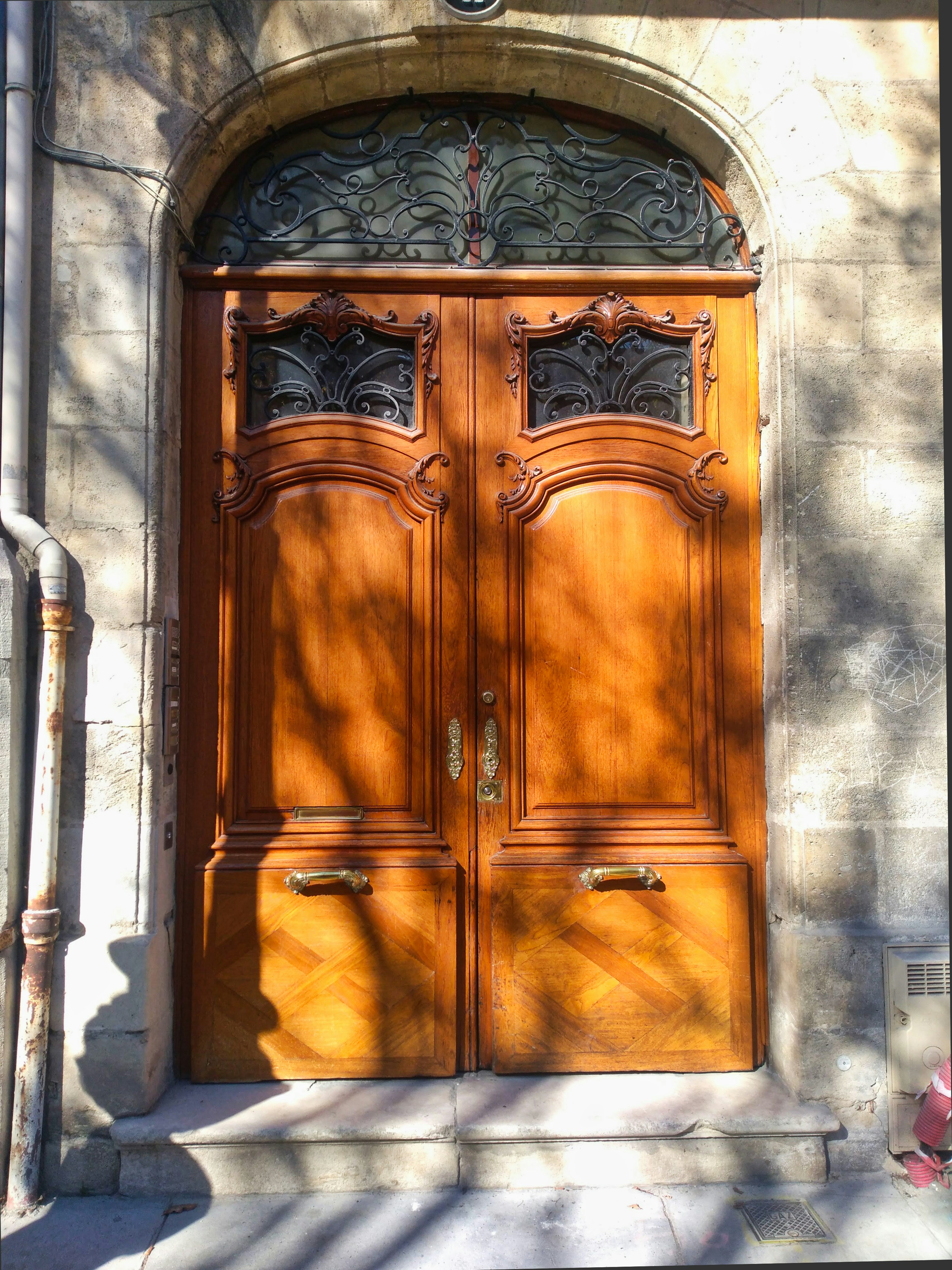 Custom luxury double entry doors Art Nouveau carved wood ironwork transom stone arch surround