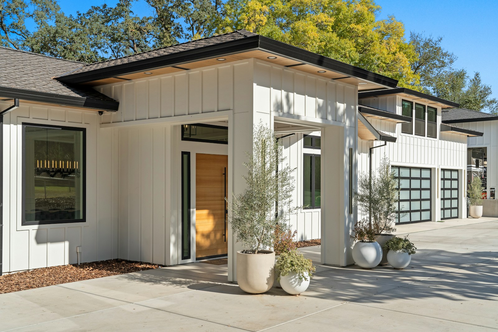 Custom wood entry door with decorative glass panels and artisan hardware