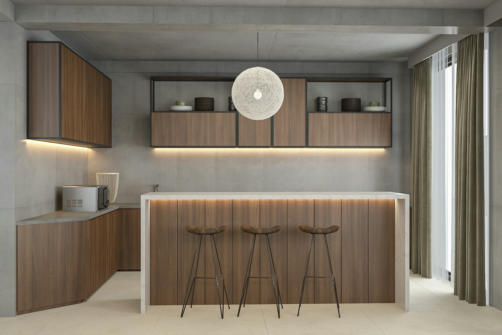 Modern minimalist kitchen with handleless dark cabinets and quartz countertops