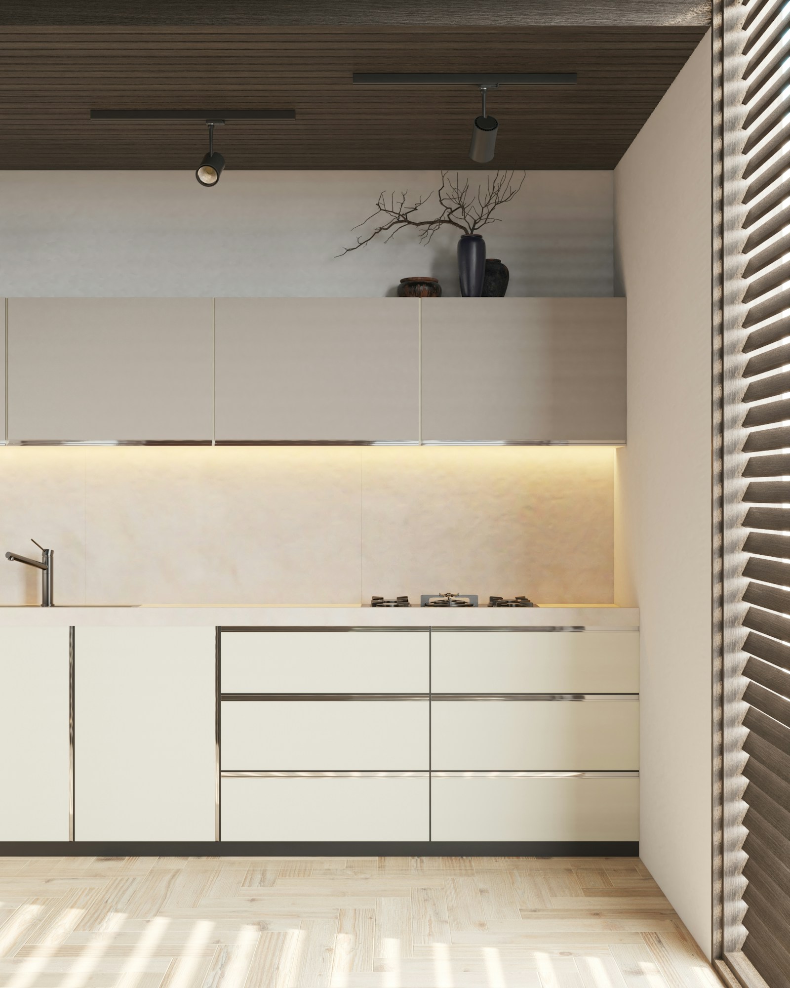 Modern walnut kitchen with seamless island design and integrated task lighting