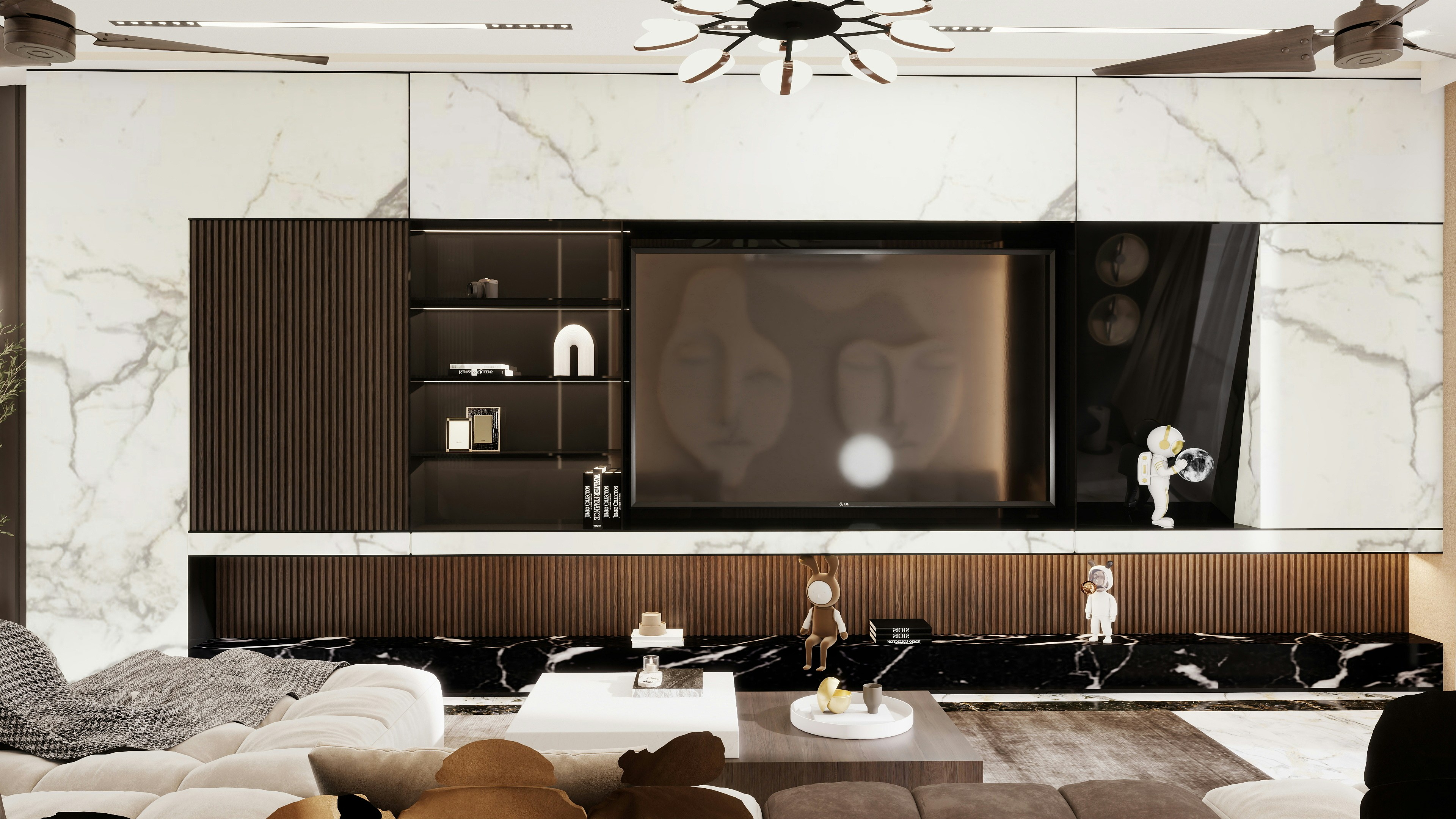 Luxury motorized TV wall dark walnut slatted panels marble surround floating shelves