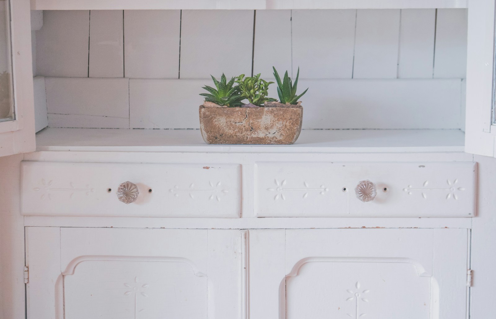 Custom shabby chic painted furniture with chippy white finish and period hardware