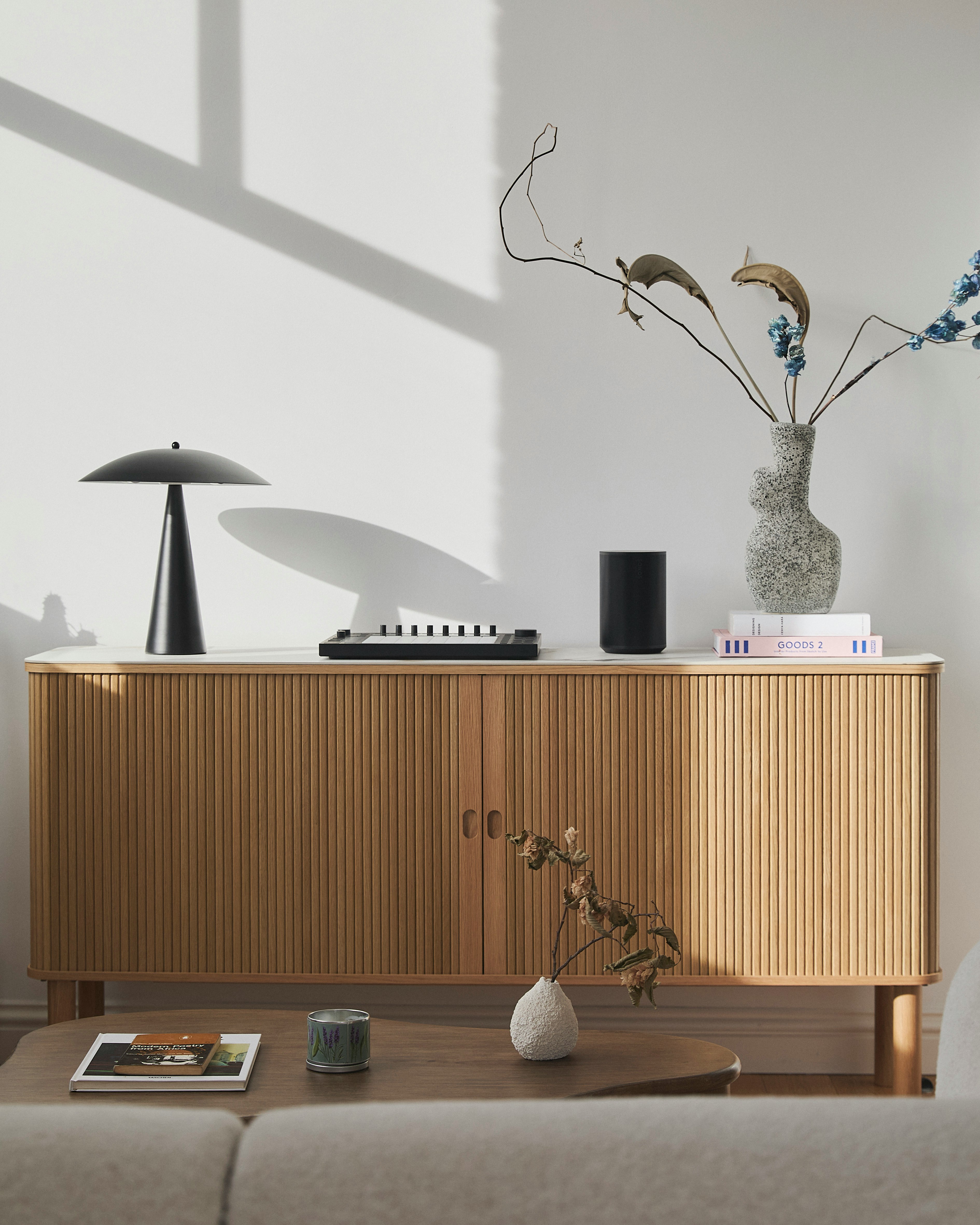 Contemporary oak ribbed sliding door sideboard marble top Japandi styling