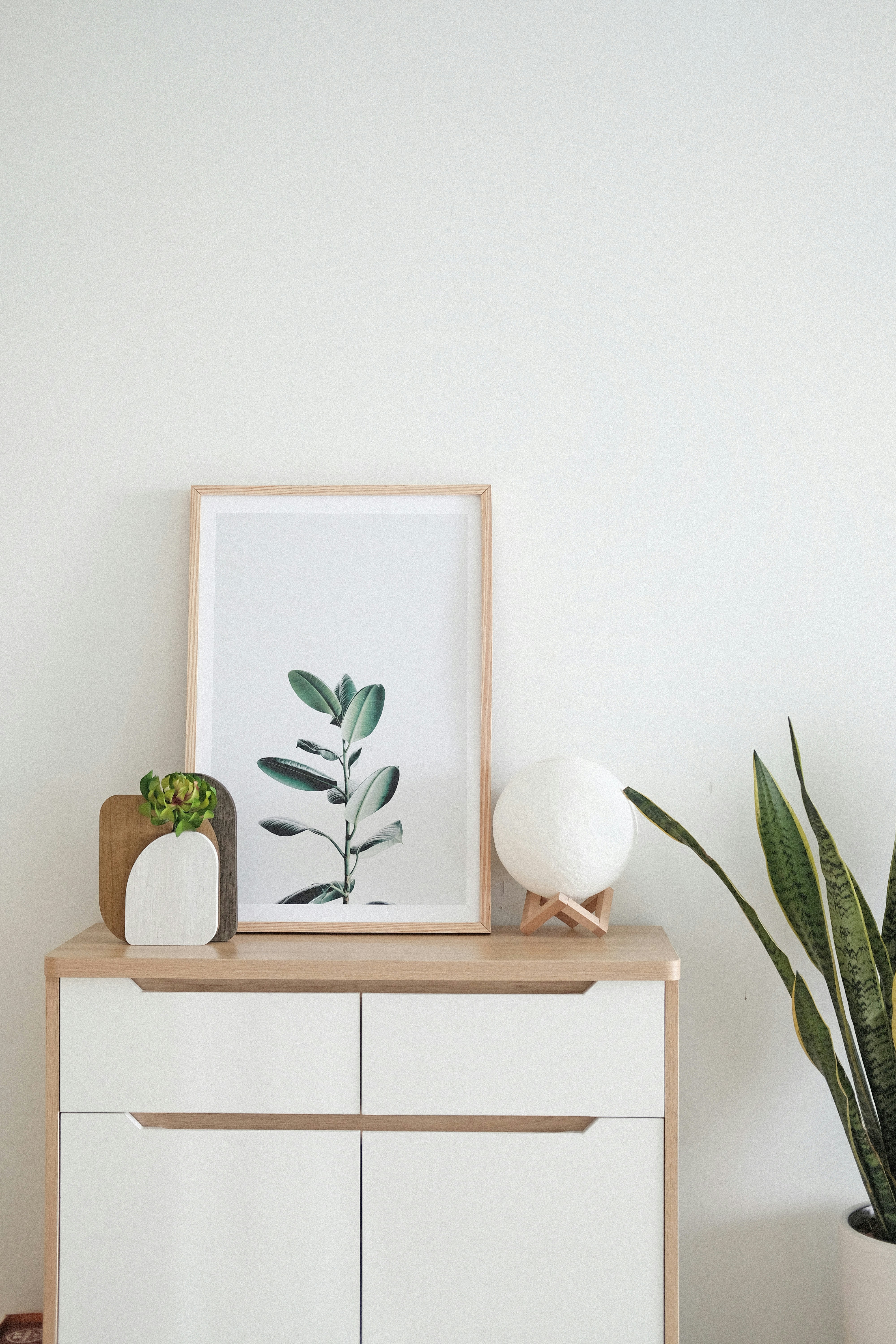 Minimalist Scandinavian white wood sideboard cabinet clean lines snake plant decor