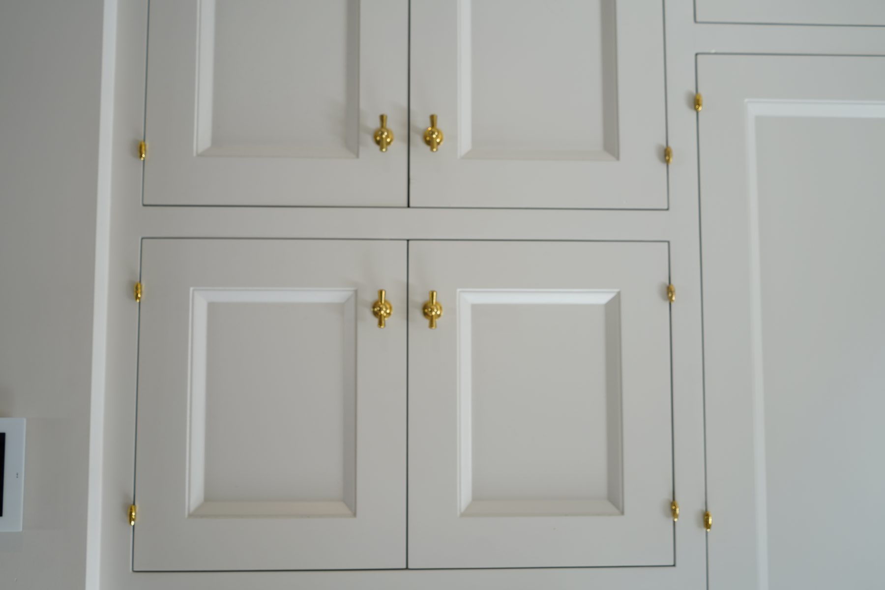 Custom white kitchen cabinet panel brass hardware close-up