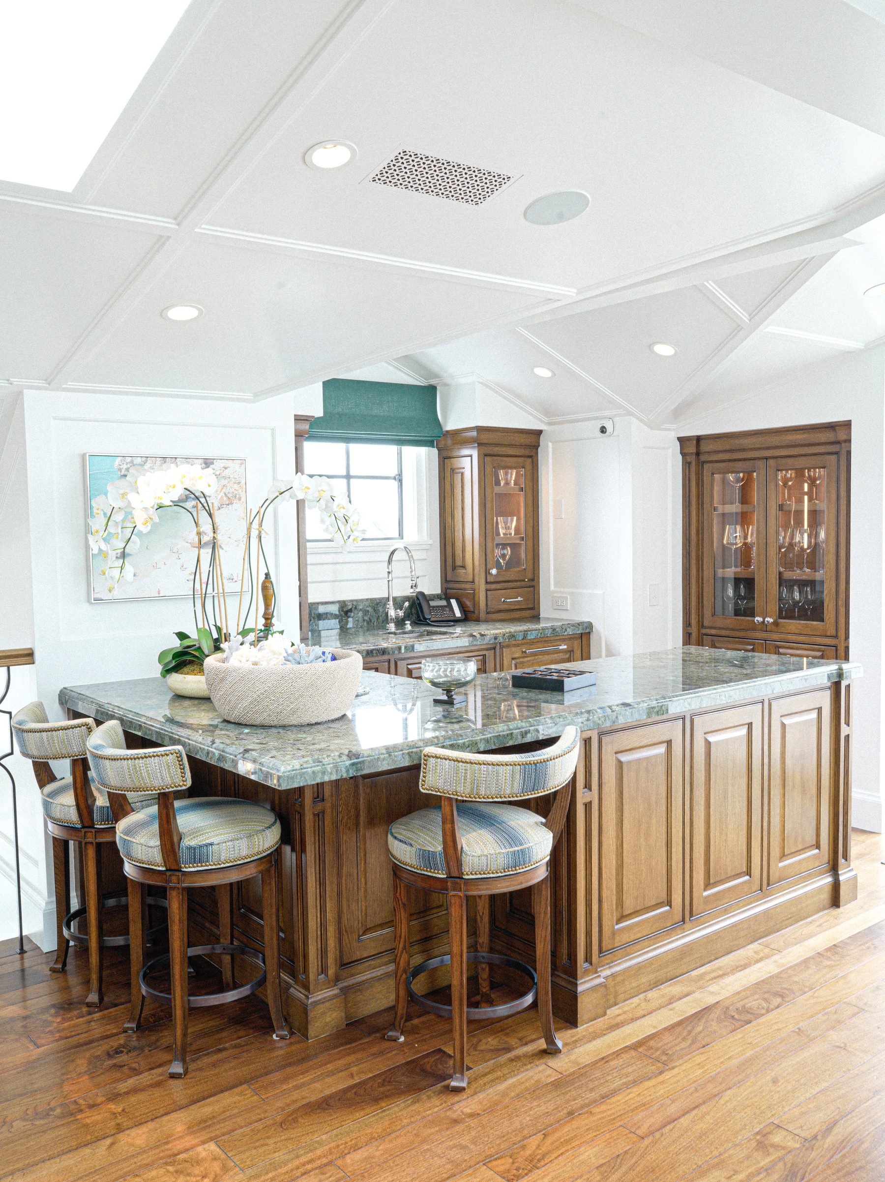Custom traditional wood bar cabinetry green granite Harbor Isle