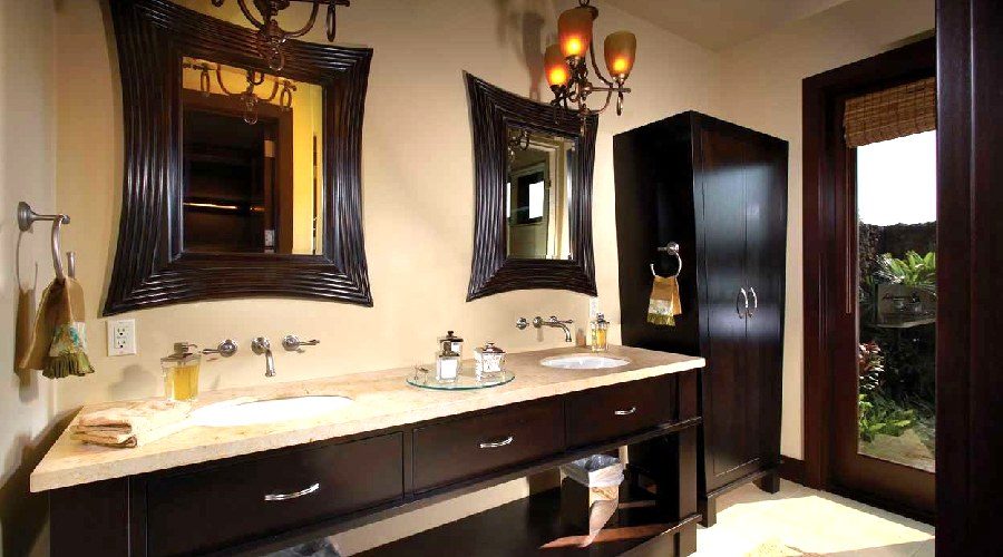 Custom dark mahogany double sink bathroom vanity Hawaii estate