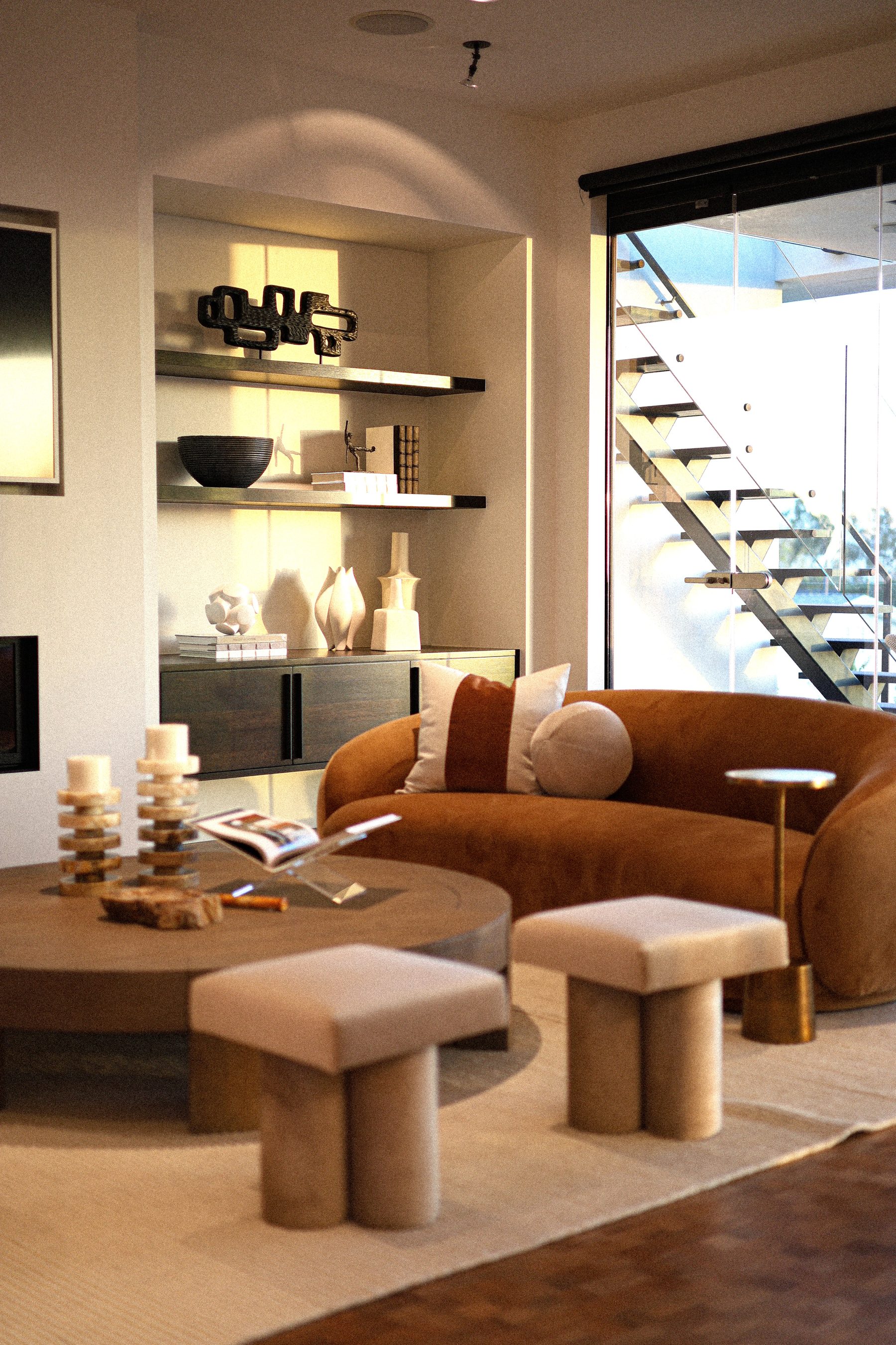 Custom built-in shelving niche warm lighting living room