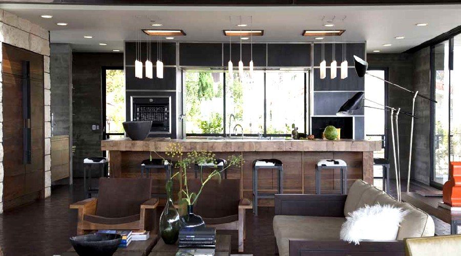 Open plan kitchen reclaimed wood custom cabinetry Newport Beach