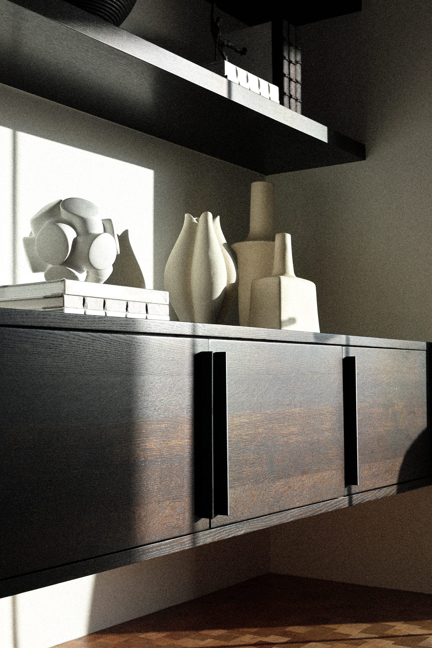 Modern dark floating cabinet family room open shelving Serra