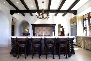 Traditional kitchen dark island barley twist legs beamed ceiling