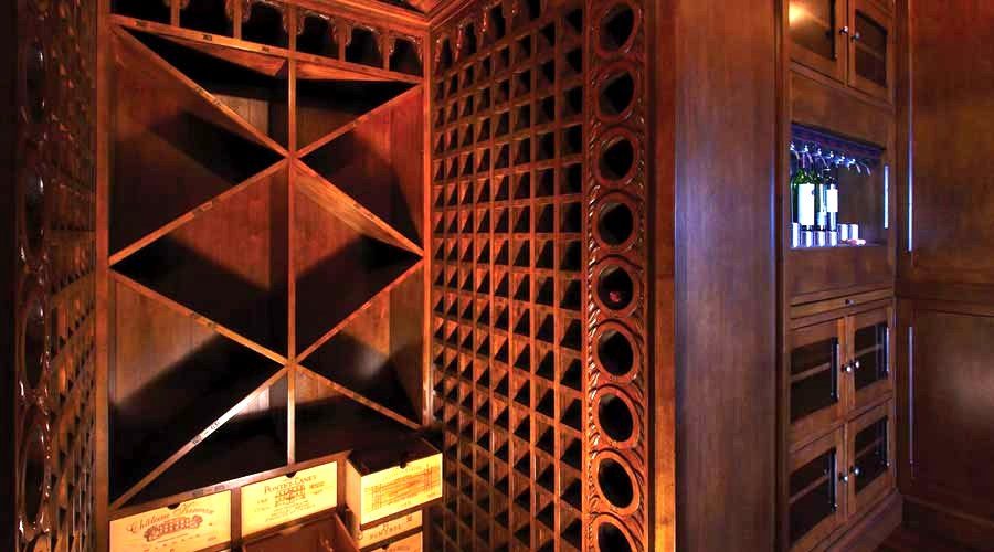 Traditional mahogany wine cellar diamond rack carved cabinetry