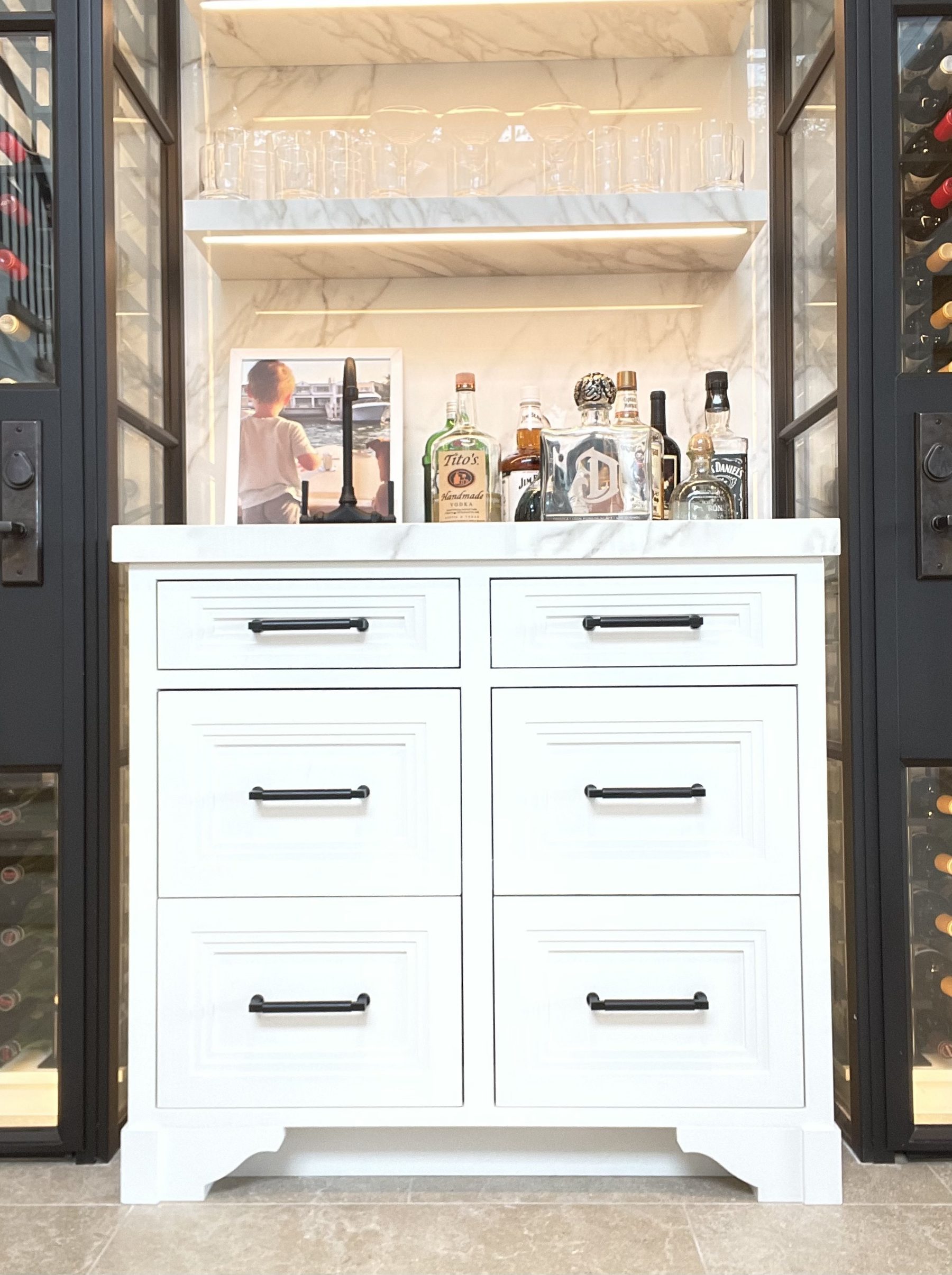 Custom white bar cabinet glass shelving wine storage steel frames