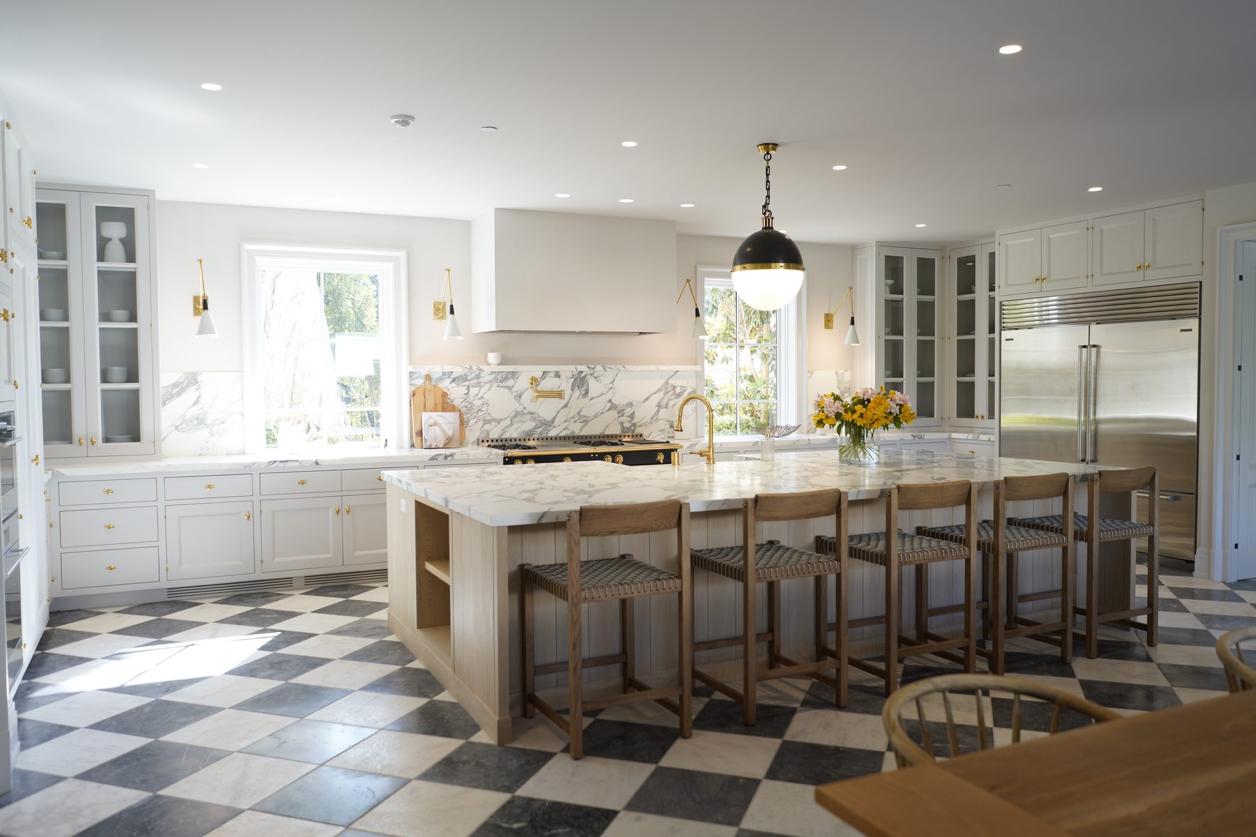 Custom white kitchen large island brass hardware bar stools