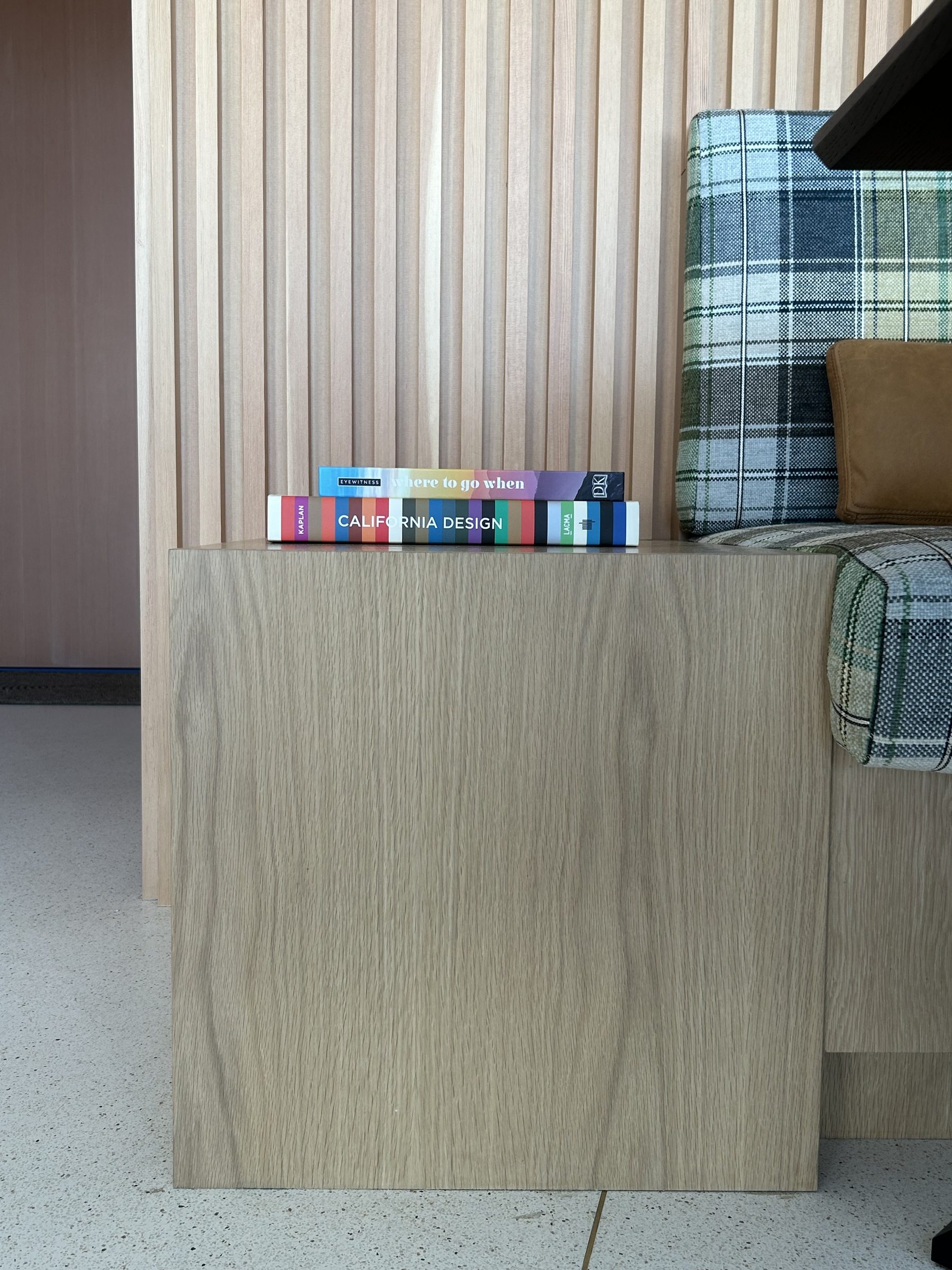 Modern white oak built-in bench end plaid cushion detail