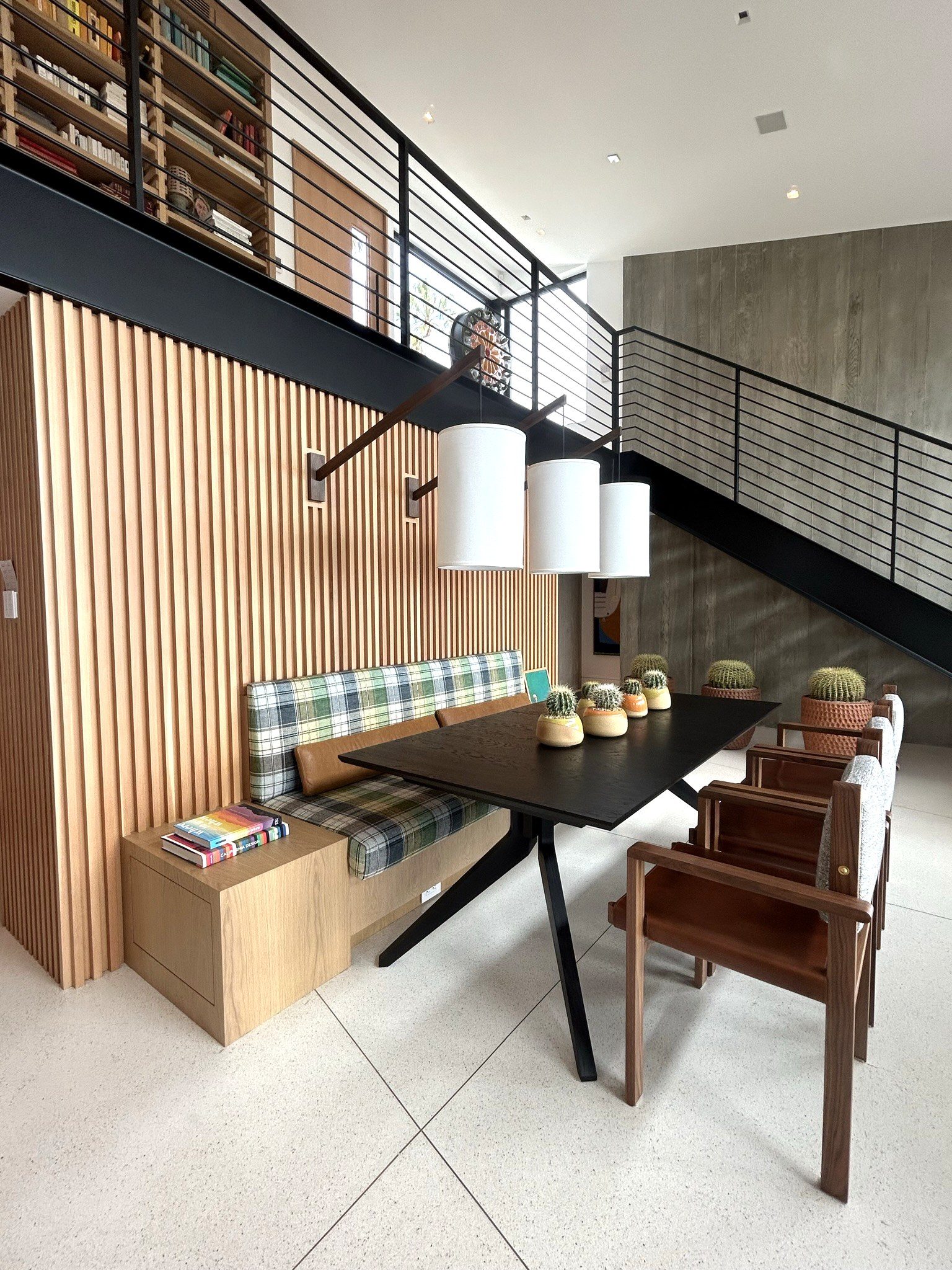 Modern white oak built-in banquette dining area