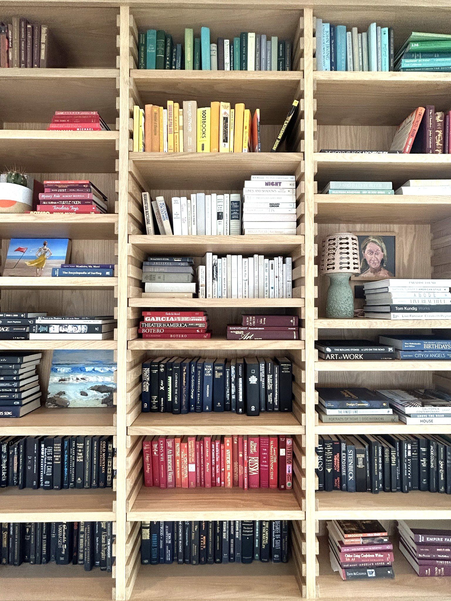 Custom white oak bookcase books close-up detail