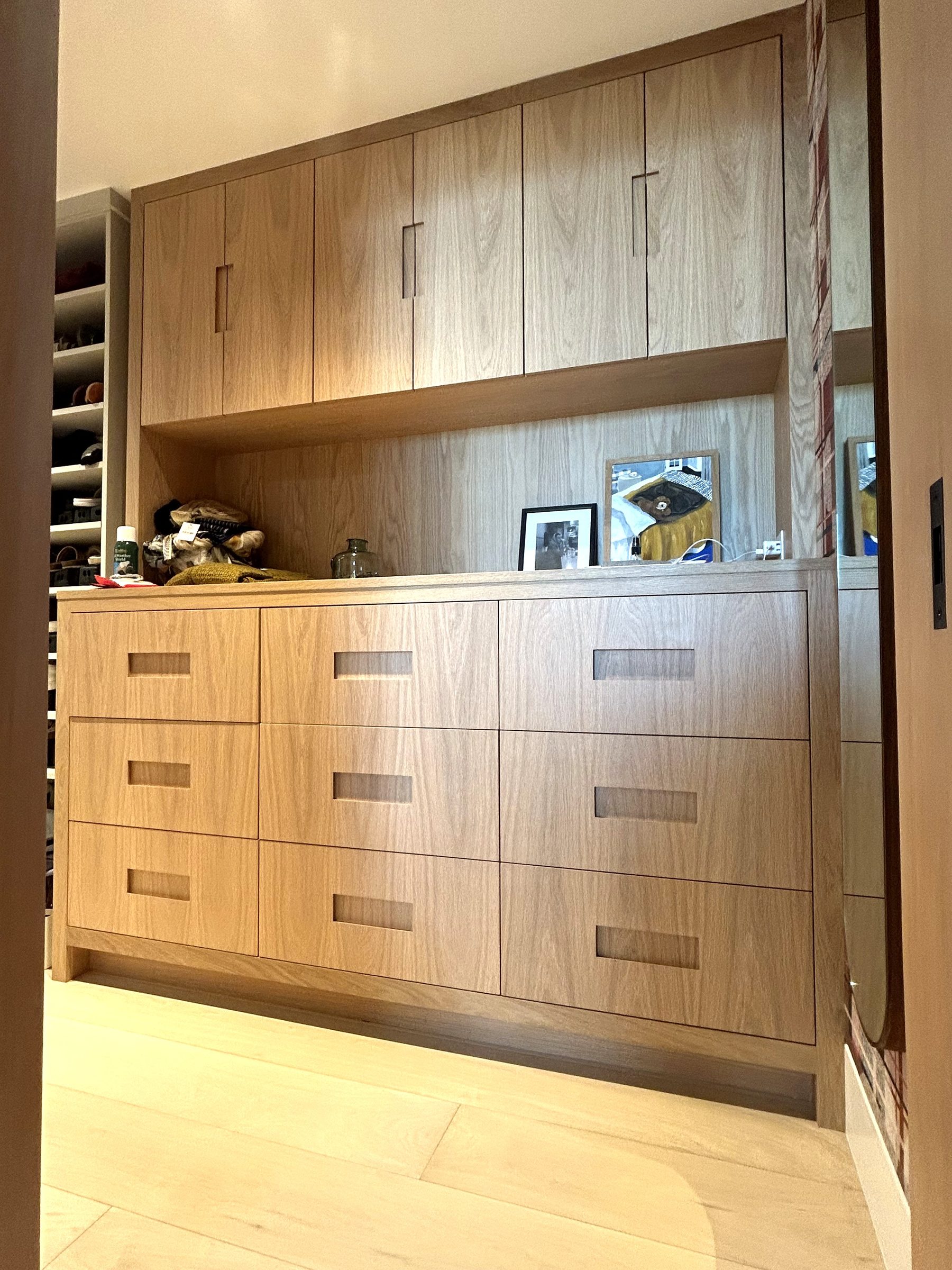 Modern white oak home custom built-in cabinet detail