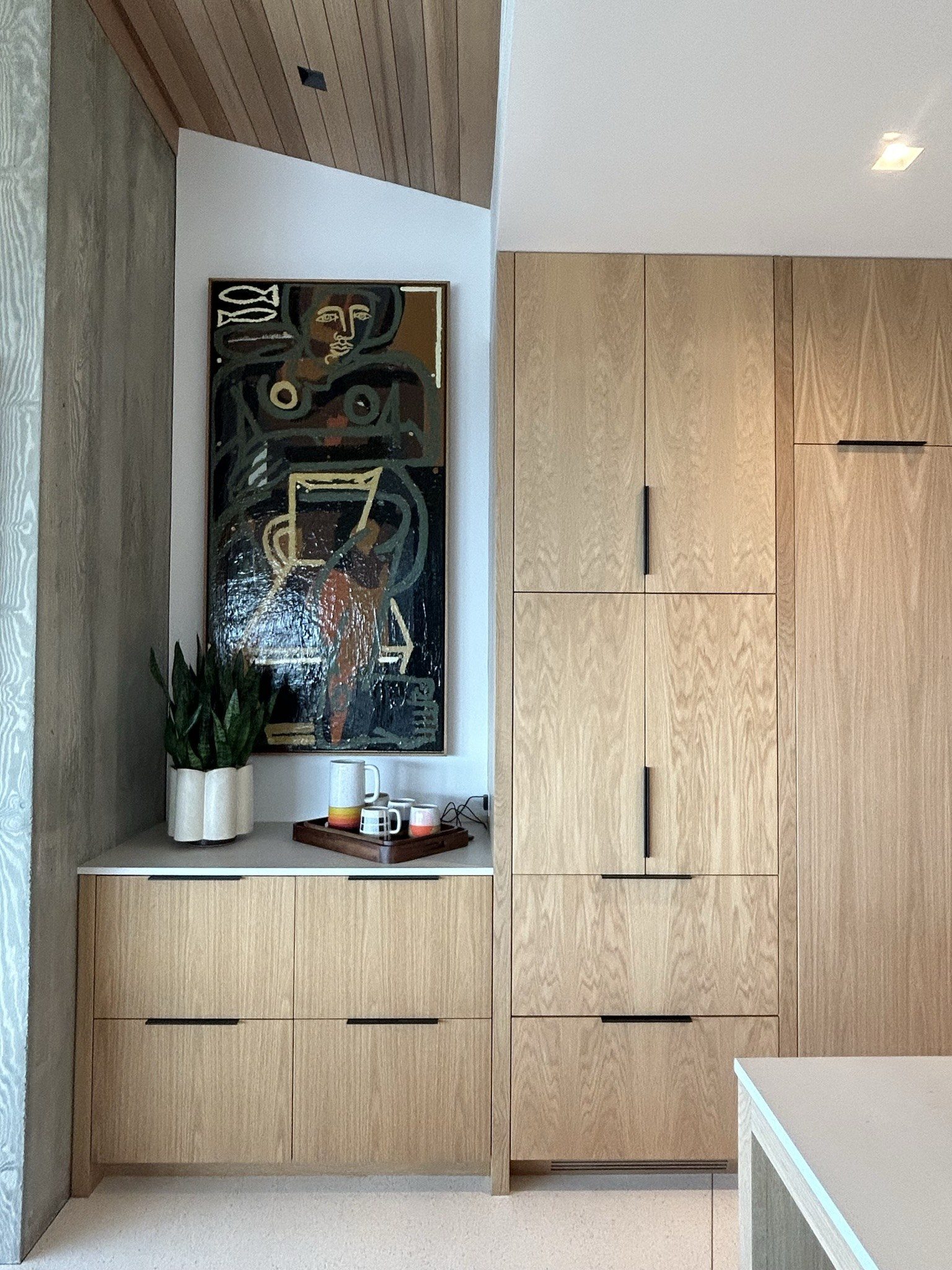 Modern white oak kitchen open pantry drawer cabinetry detail